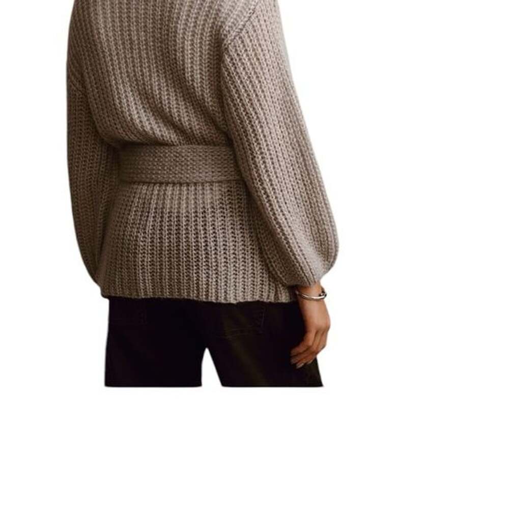 Long Belted Gray cardigan sweater cable knit
